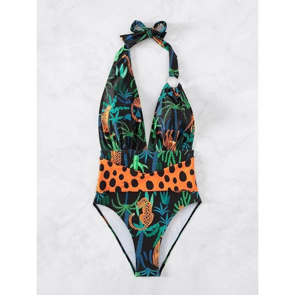 NEW Leopard & Tropical Print Plunging One Piece Swimsuit S - Picture 4 of 6